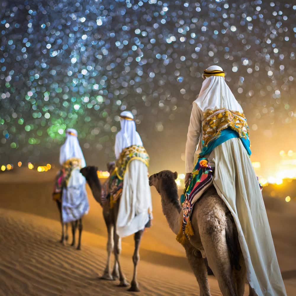 أناس من الخلف يركبون الجمال
