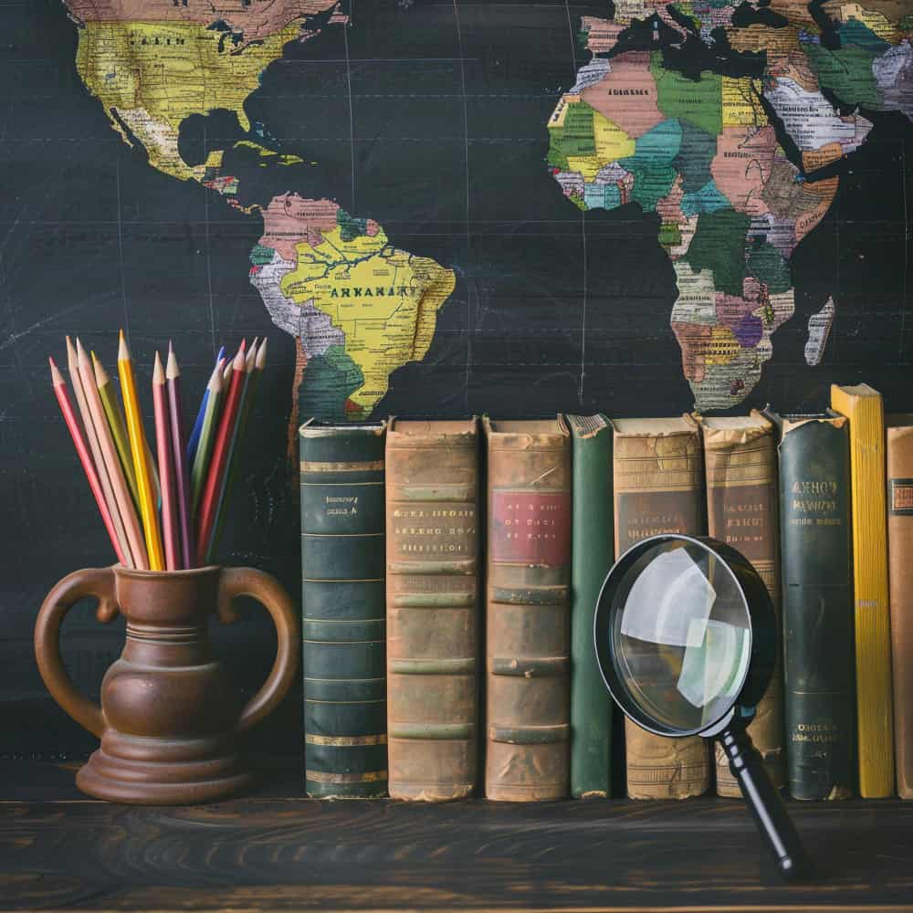 مجموعة كتب عليها عدسة مكبرة وبجانبها أقلام مجموعة كتب عليها عدسة مكبرة وبجانبها أقلام