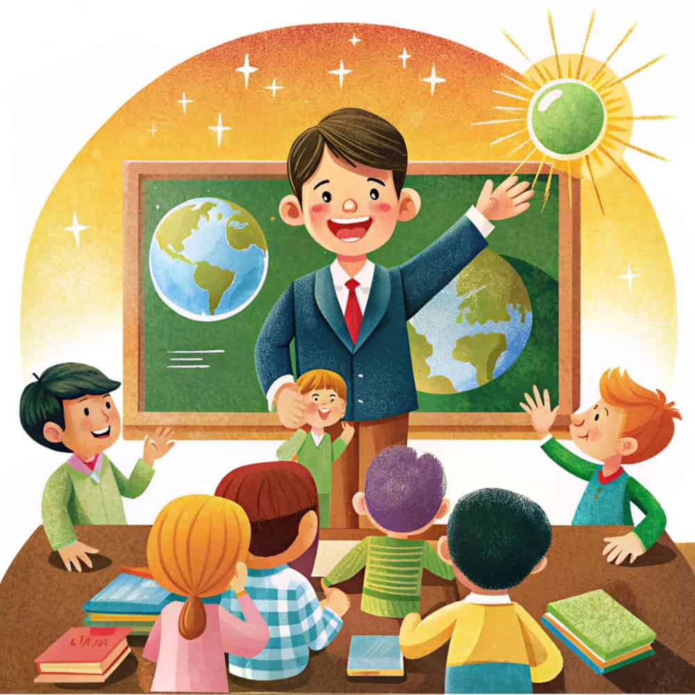 معلم يقف في الفصل أمام التلاميذ ووراءه خلفية كرة أرضية معلم يقف في الفصل أمام التلاميذ ووراءه خلفية كرة أرضية