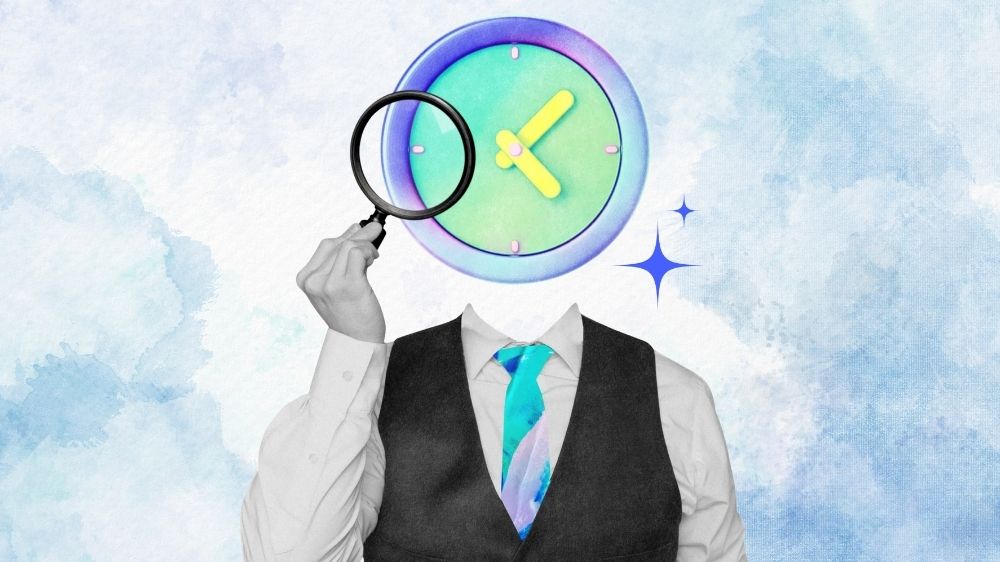 رجل برأس ساعة يحمل عدسة مكبرة رجل برأس ساعة يحمل عدسة مكبرة