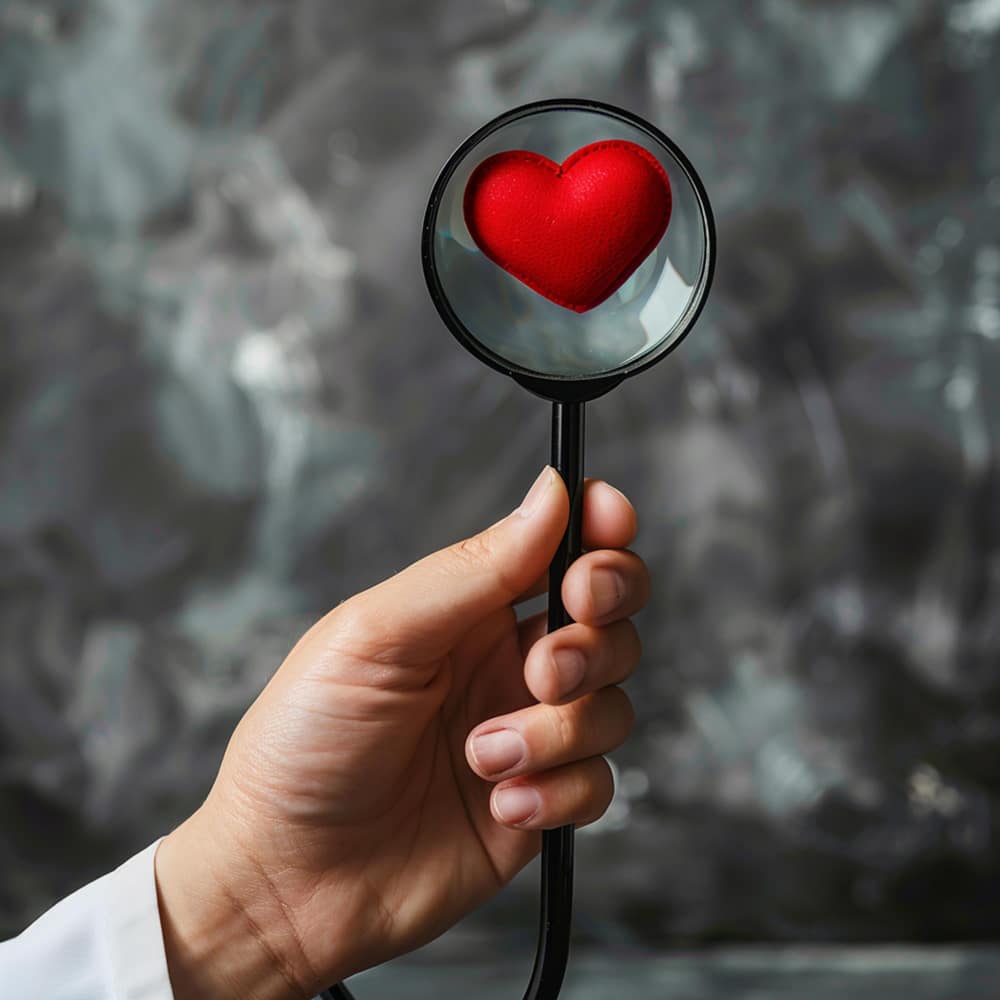يد توجه عدسة مكبرة نحو قلب أحمر يد توجه عدسة مكبرة نحو قلب أحمر