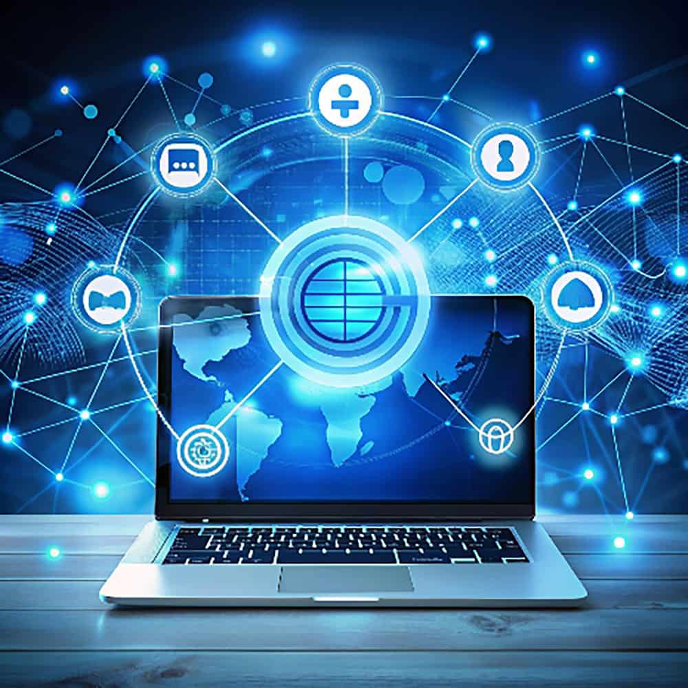 جهاز حاسوب يخرج منه عناصر متعددة جهاز حاسوب يخرج منه عناصر متعددة