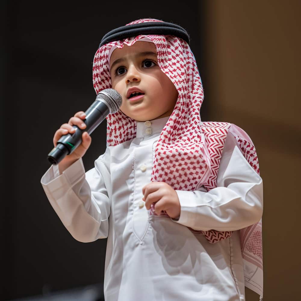 طفل صغير يرتدي زي سعودي ويحمل ميكروفون