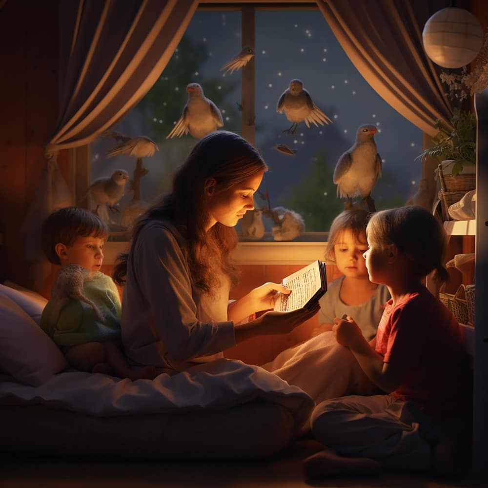 أم تحكي قصة لأطفالها