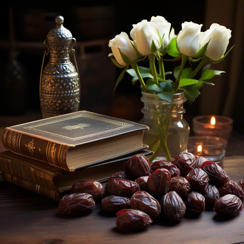باقة زهور وبجانبها تمر ومصاحف