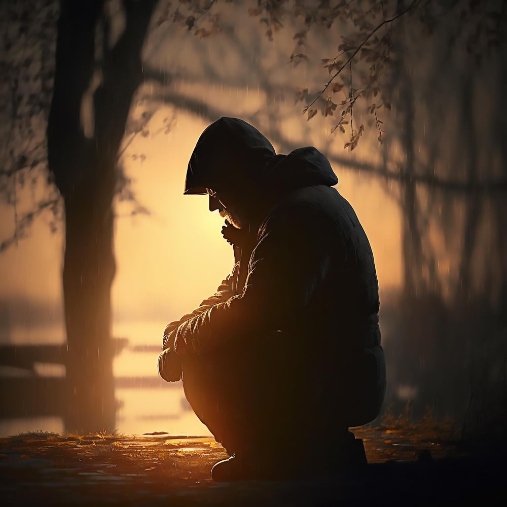 رجل حزين يجلس على الأرض