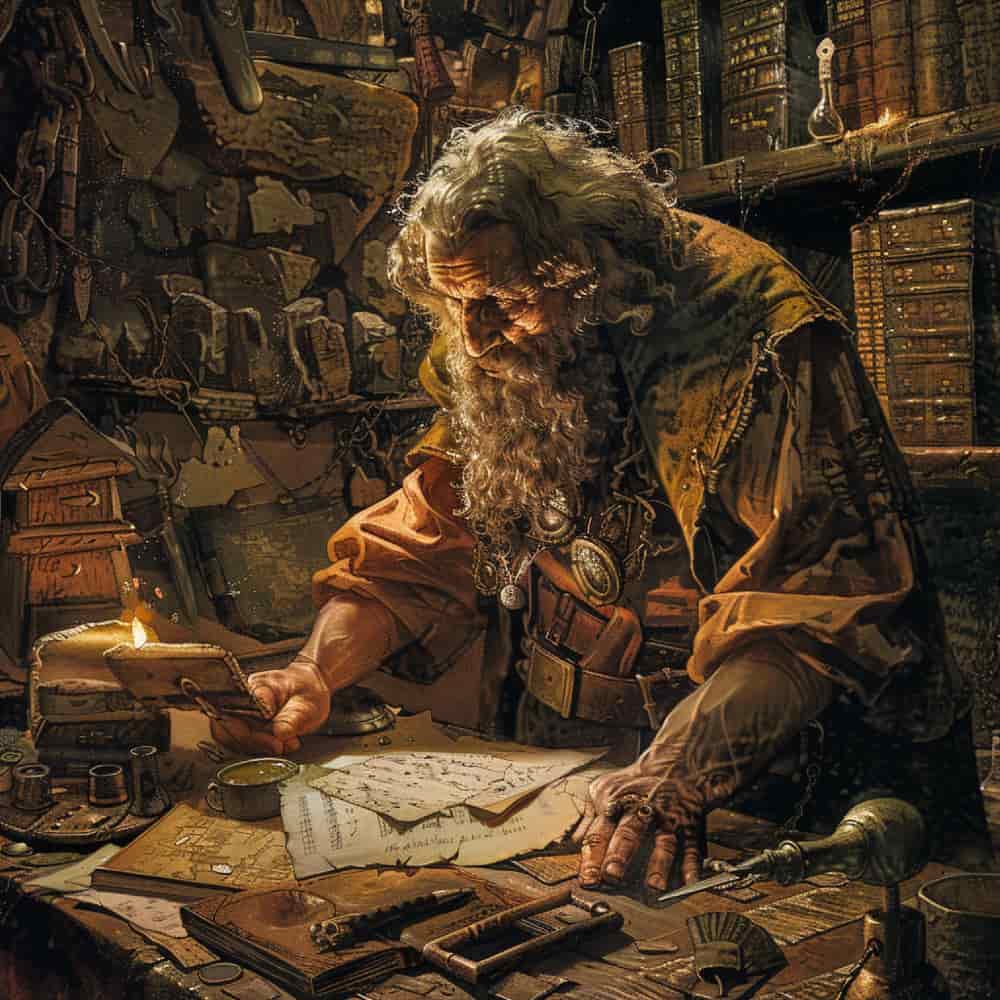 رجل في زمن قديم يقرأ مخطوطات