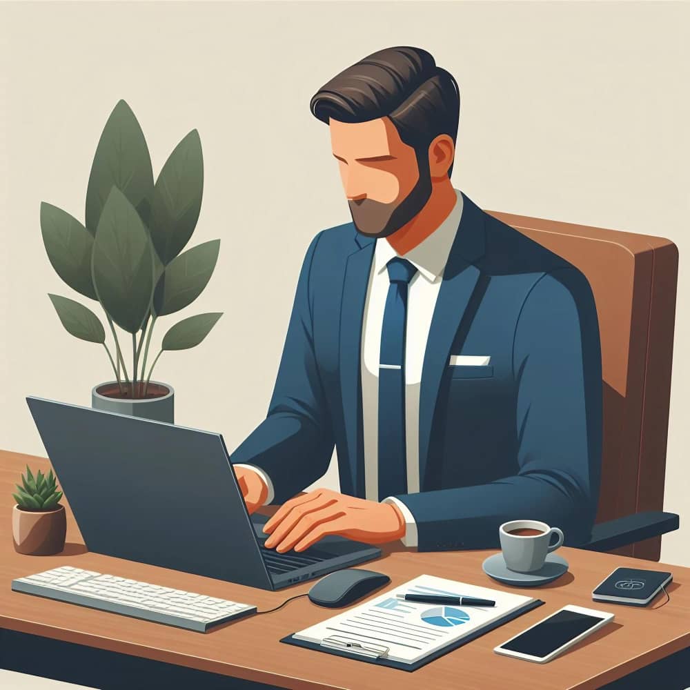 رجل يجلس على المكتب وأمامه لاب توب