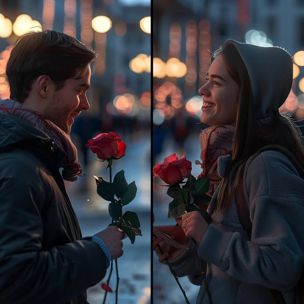 شاب وفتاة يحملان ورد