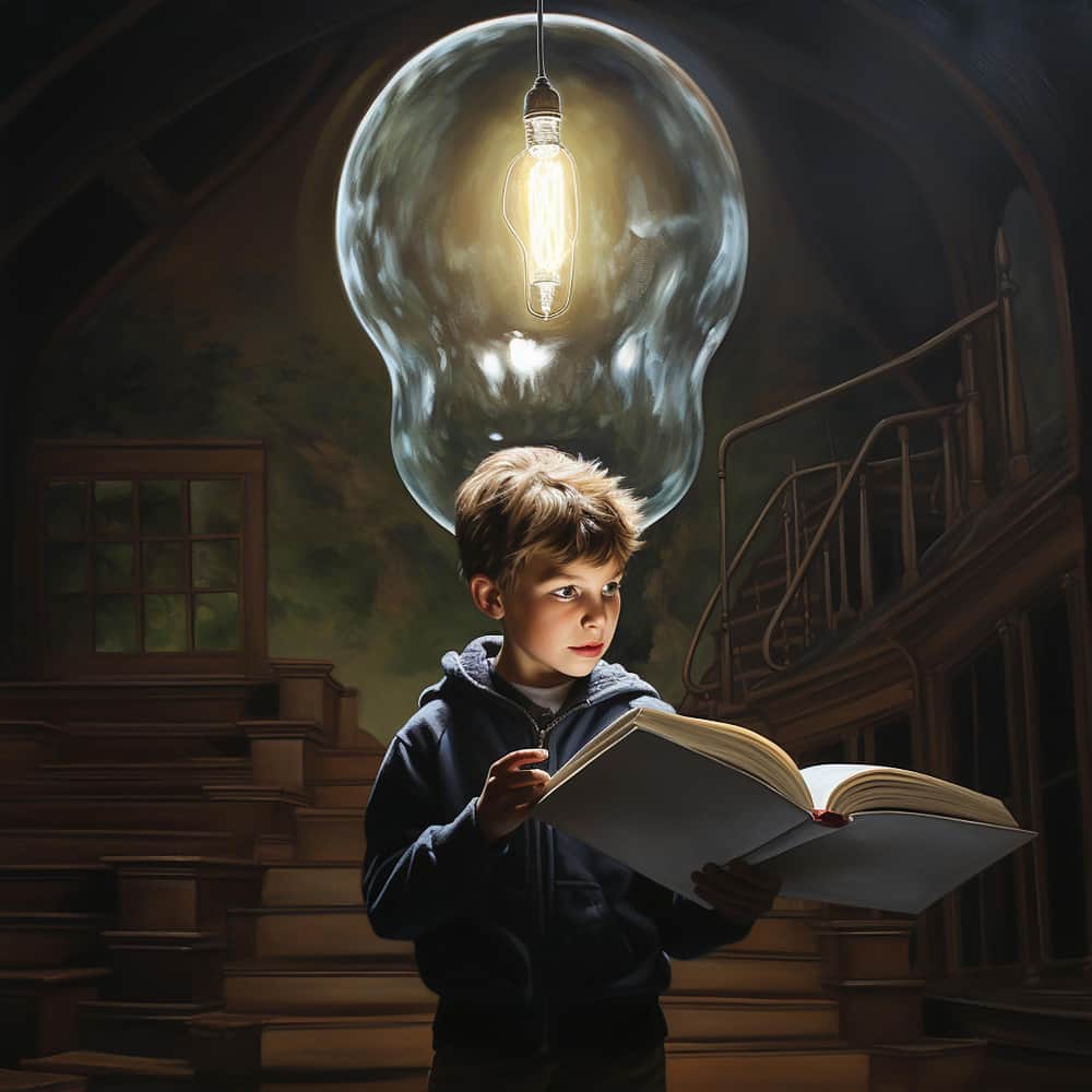 طفل يحمل كتاب ويفكر