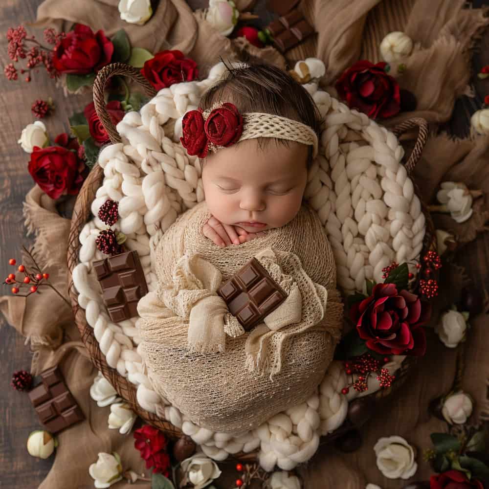 طفلة نائمة وبجانبها قطع من الشيكولاتة