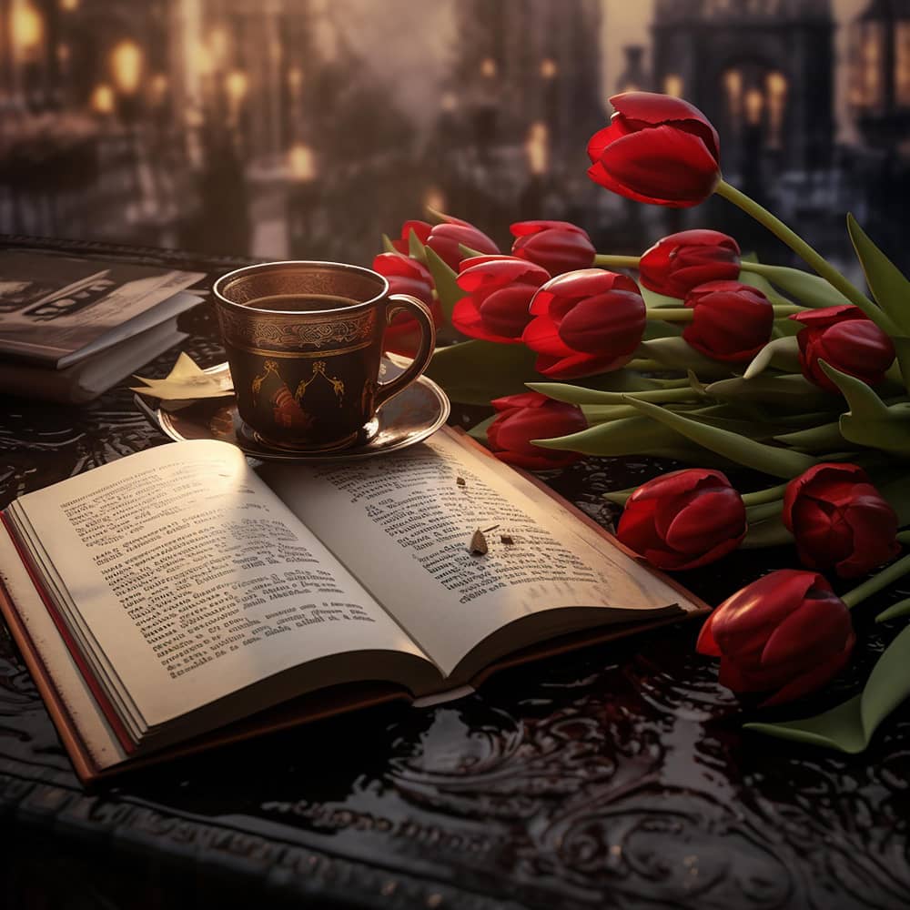 كتاب وزهور وفنجان قهوة