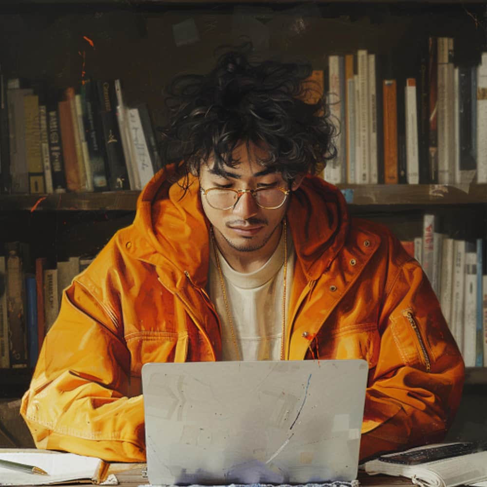 رجل آسيوي يجلس أمام مكتبة وينظر إلى اللاب توب