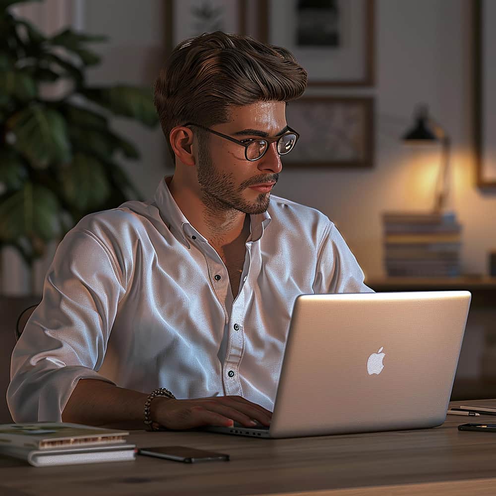 رجل يجلس أمام لاب توب