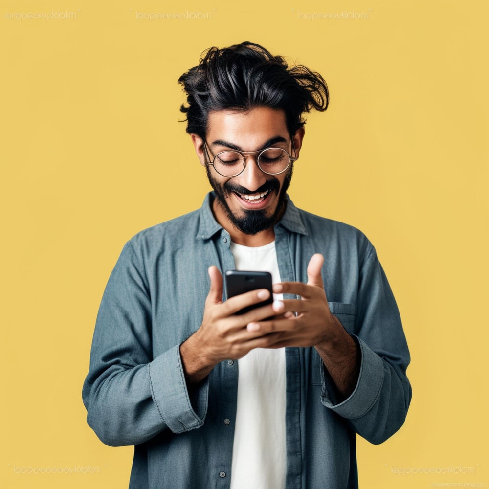 رجل ينظر إلى الهاتف المحمول ويبتسم