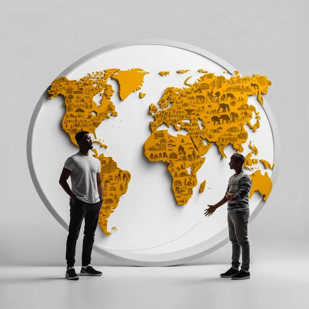 رجلان يتحدثان أمام كرة أرضية