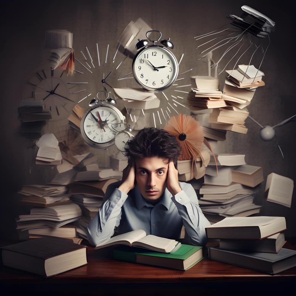 طالب يذاكر وحوله كتب عديدة