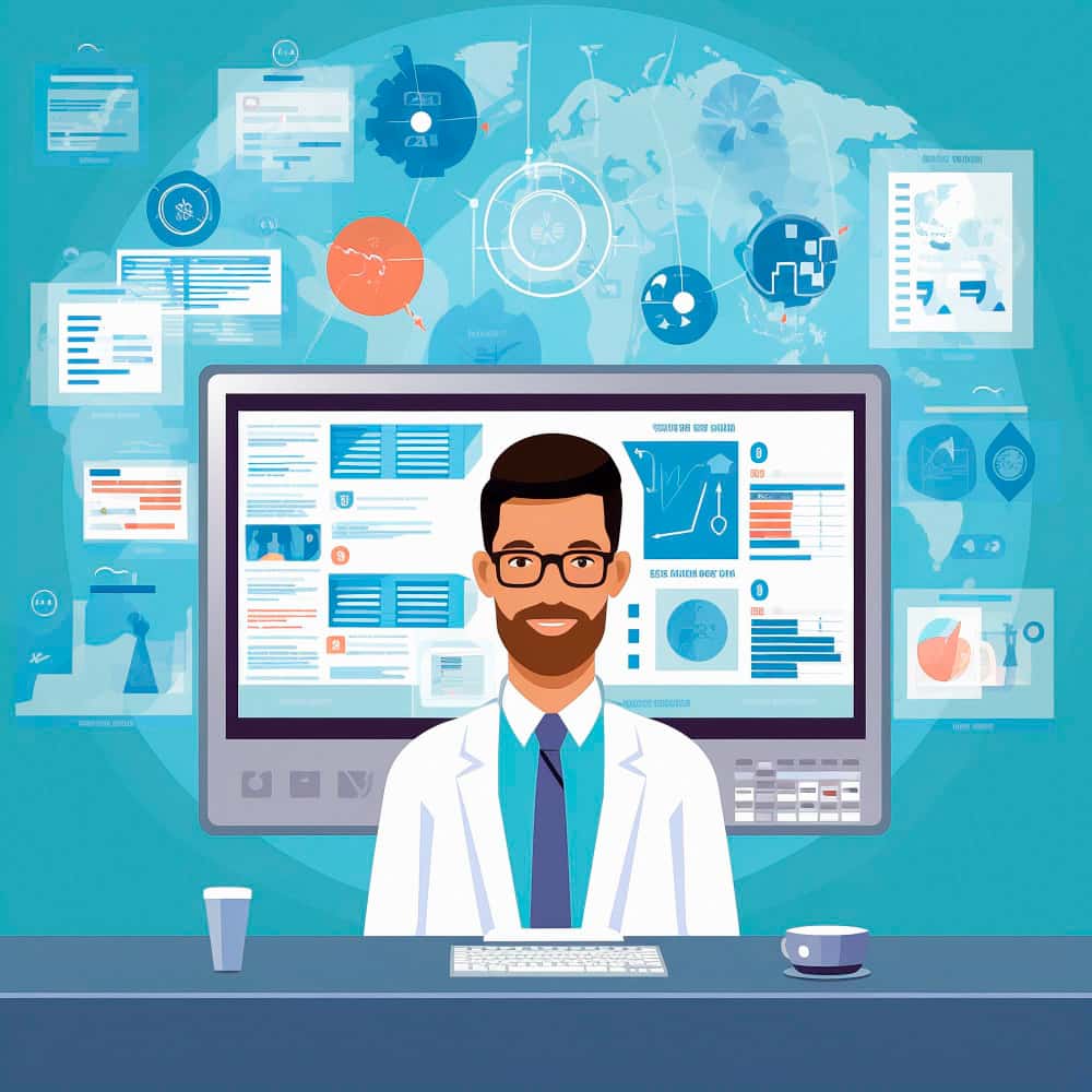 طبيب يجلس على مكتب وخلفه شاشة حاسب