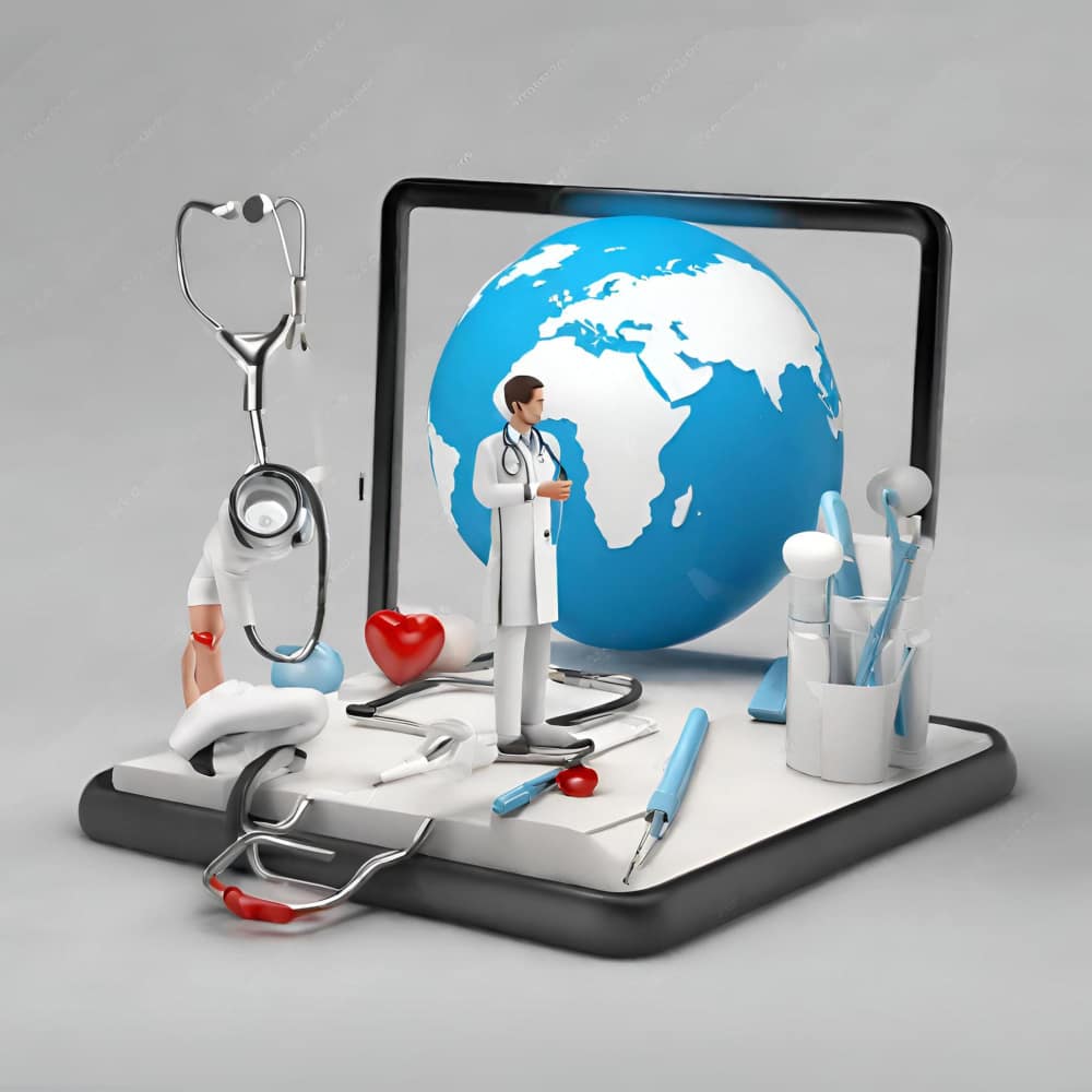 طبيب يقف أمام كرة أرضية ومعدات طبية