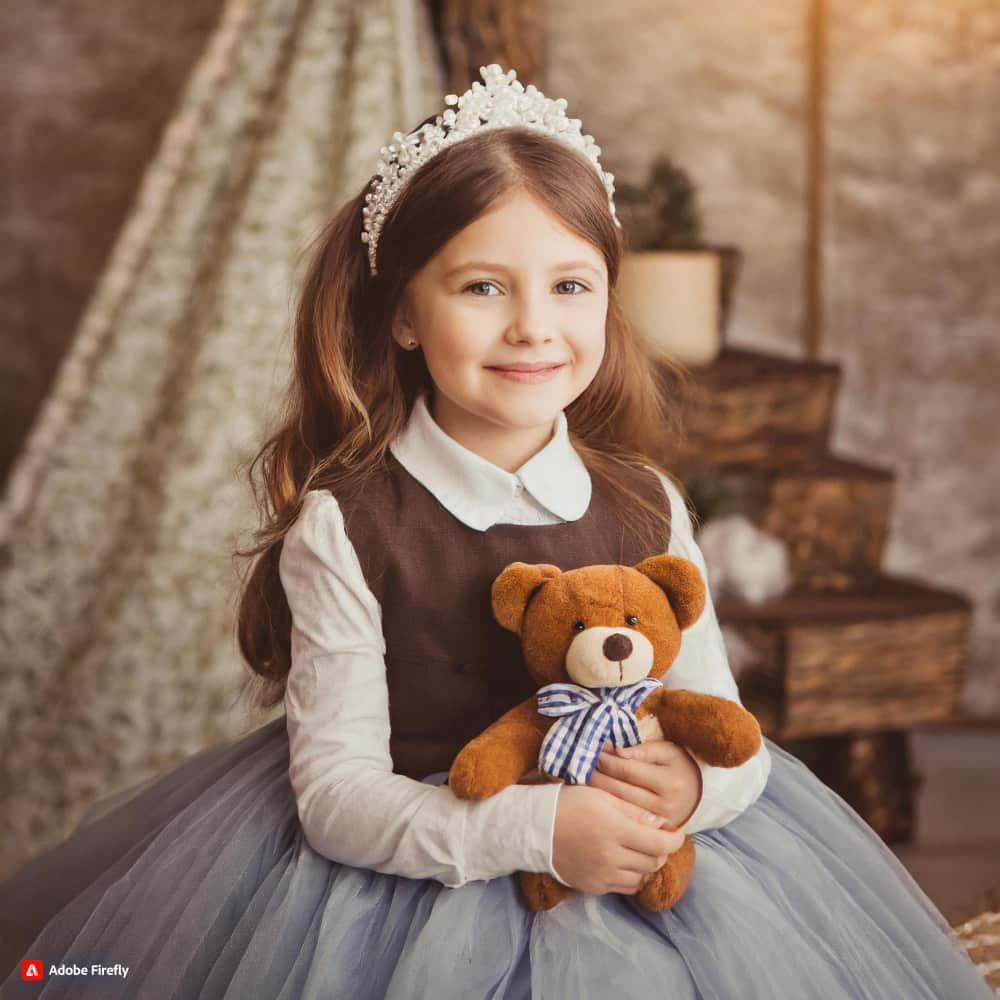 طفلة ترتدي تاج وتحمل لعبة