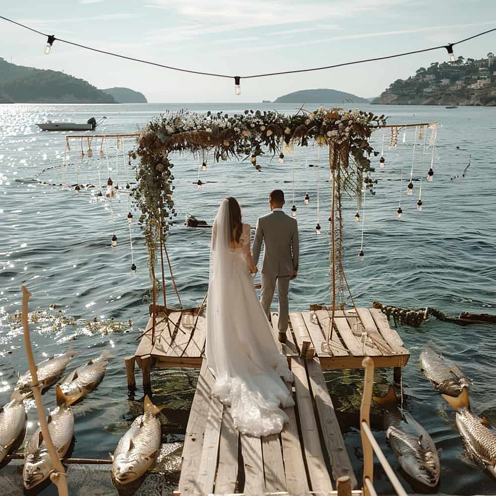 عروس وزوجها يقفان على جسر