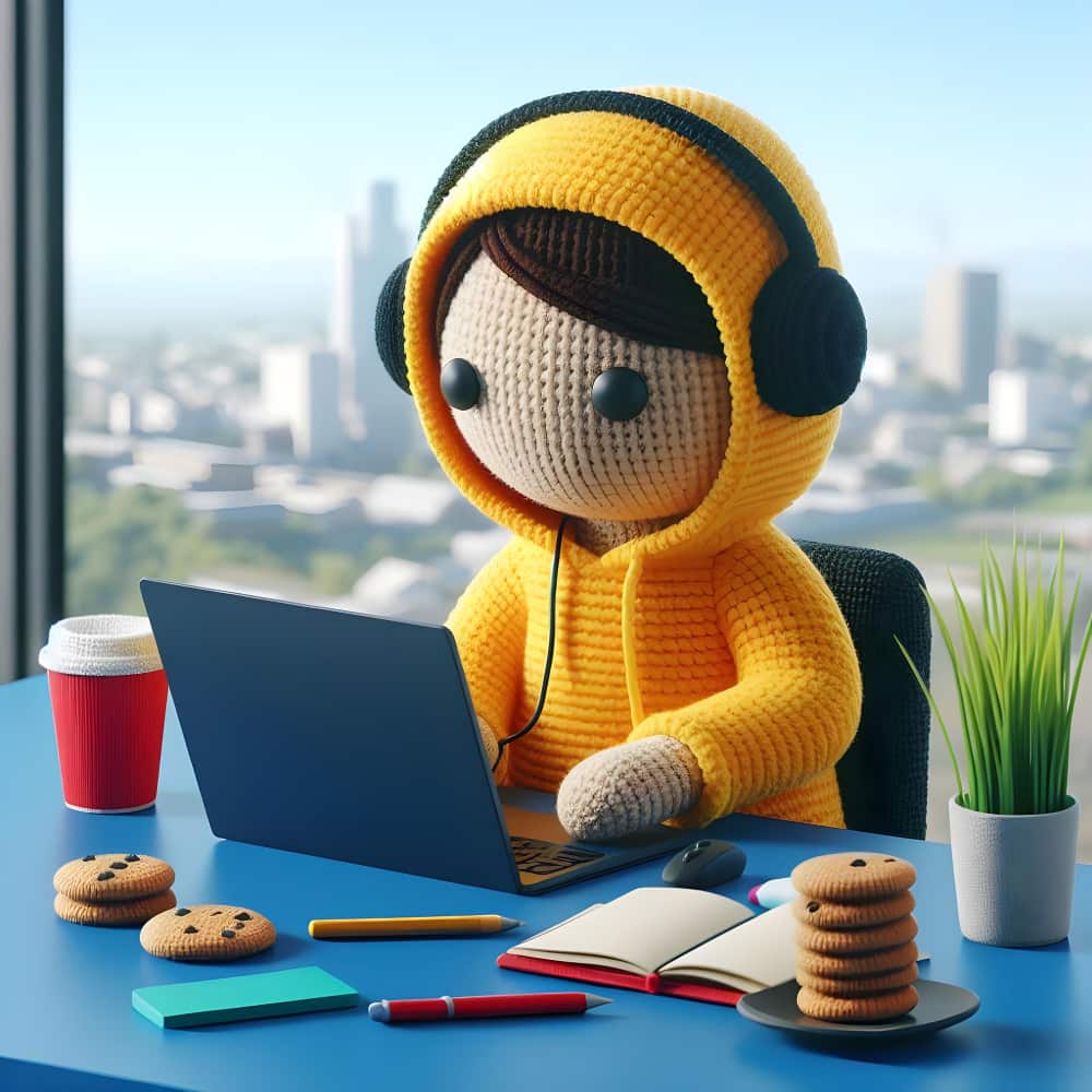 عروسة فماش على هيئة شخص جالس أمام اللاب توب