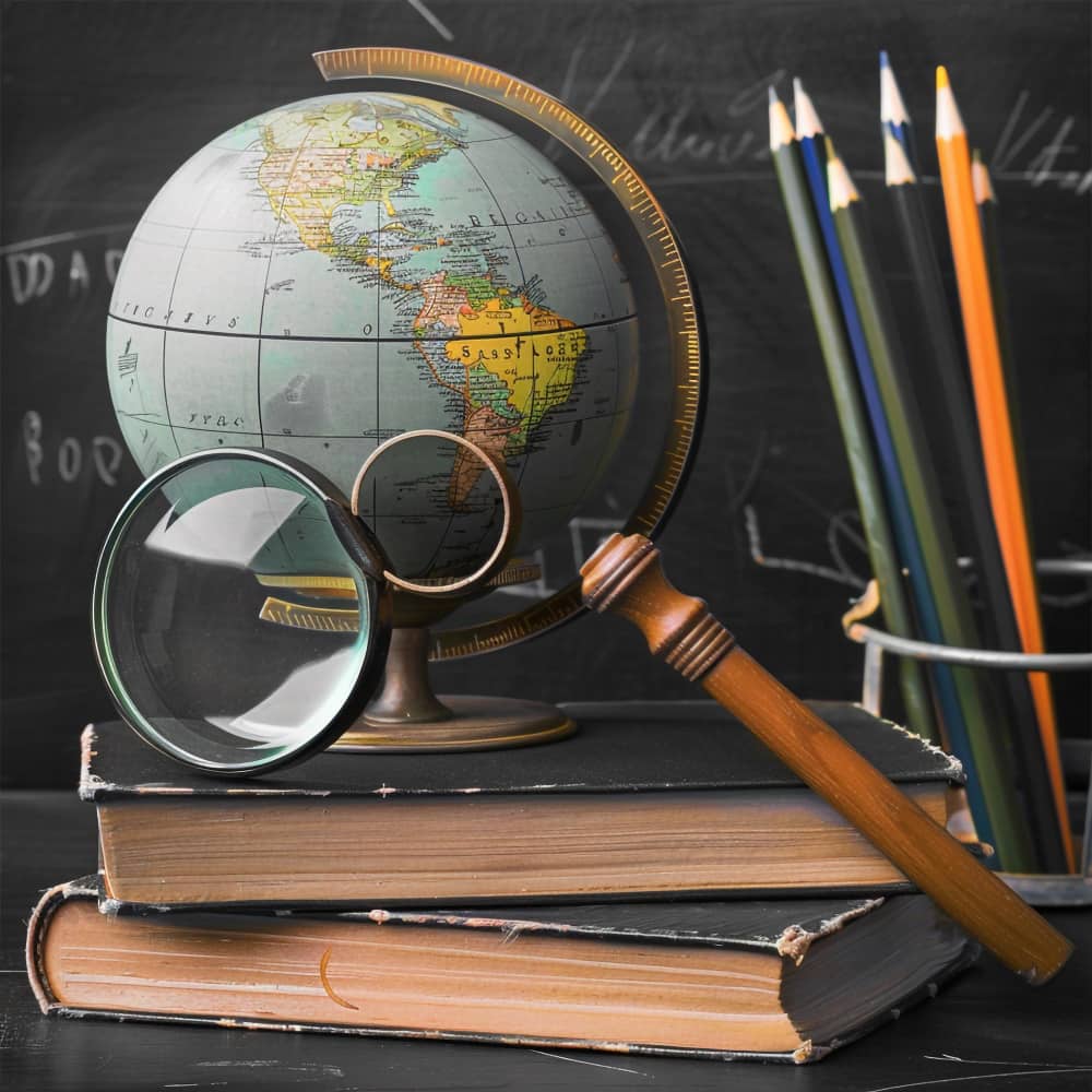 كرة أرضية وكتب وأقلام