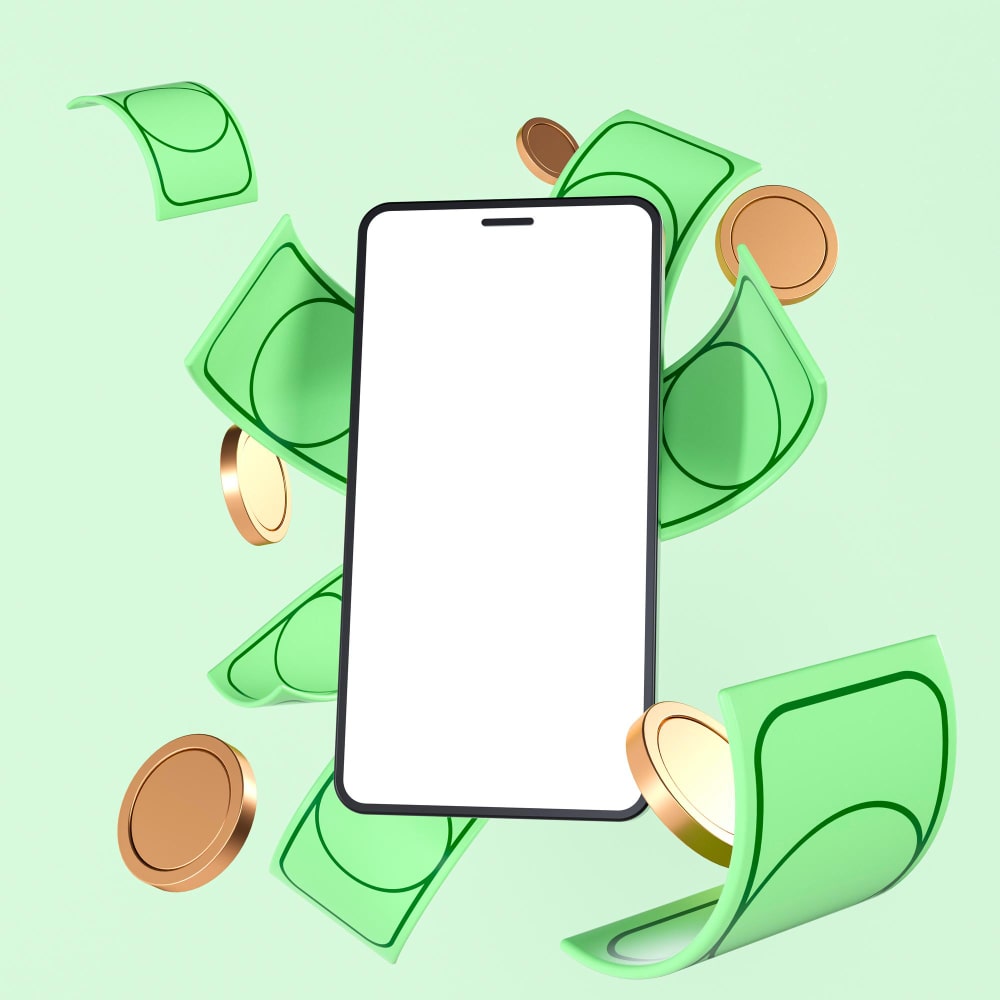 هاتف محمول وخلفه نقود