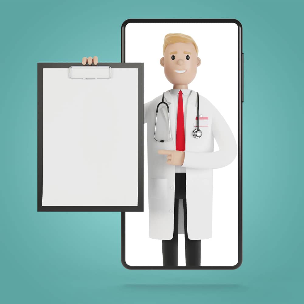 هاتف يعرض صورة دكتور يحمل تقرير