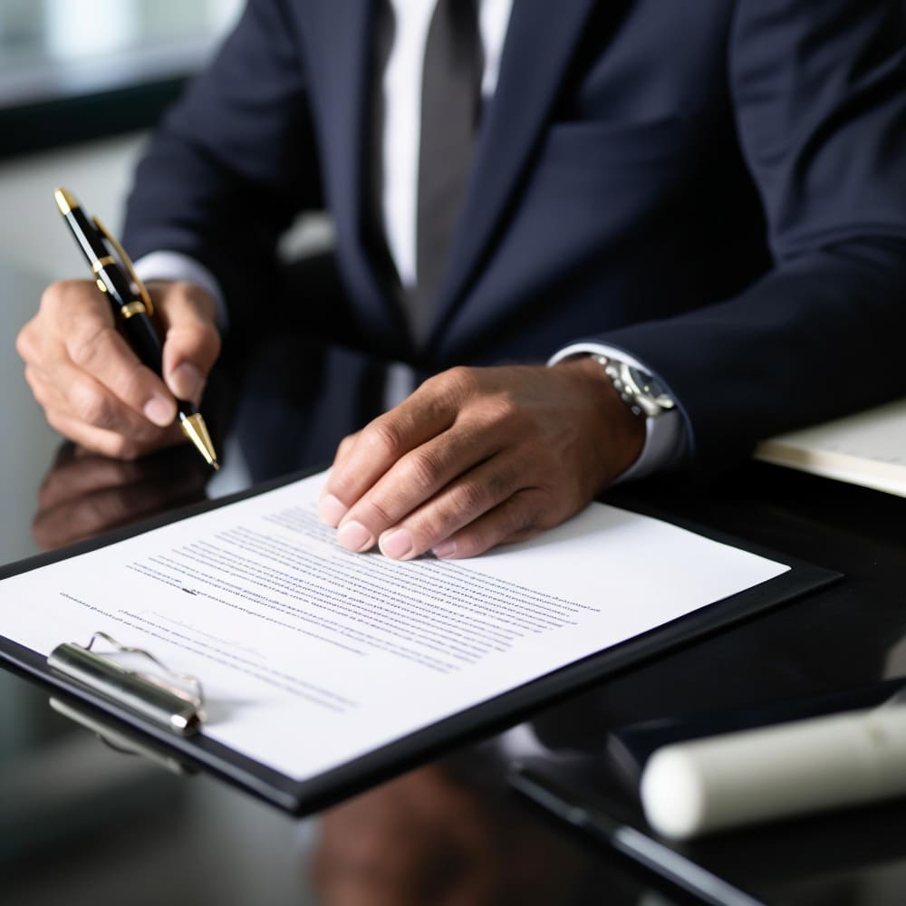 يد تمسك قلم وتستند إلى مكتب
