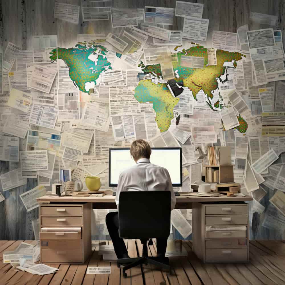 رجل يجلس أمام لاب توب ويعلق أوراق عديدة على الحائط