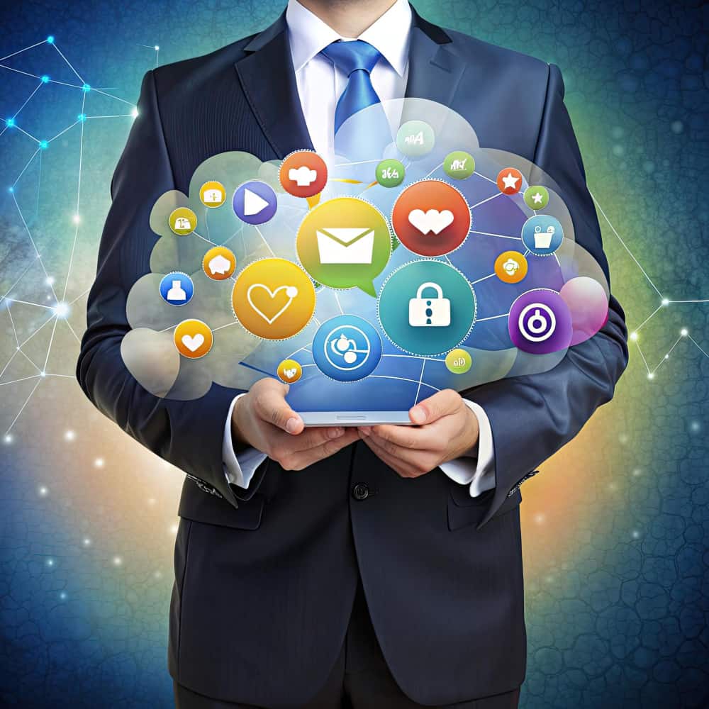 رجل يحمل هاتف يخرج منه شعارات مواقع تواصل