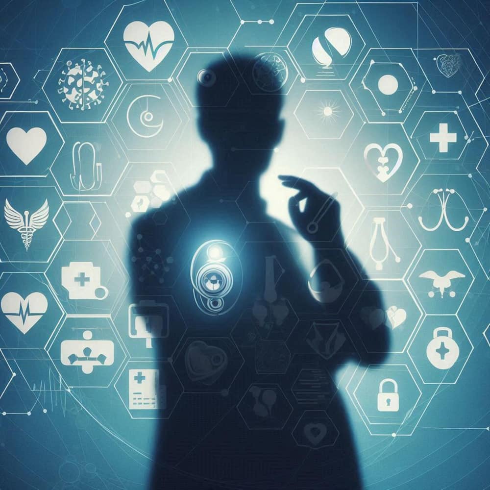 رجل يقف حوله رموز طبية