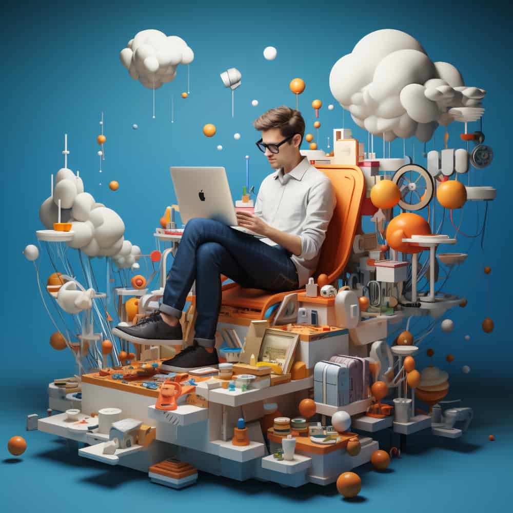 رجل ينظر إلى اللاب توب ويجلس وسط مكان مزدحم