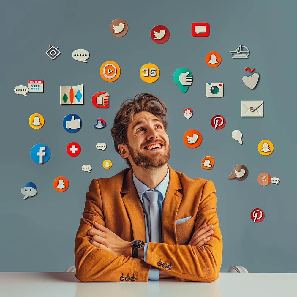 شاب ينظر إلى شعار مواقع التواصل الاجتماعي