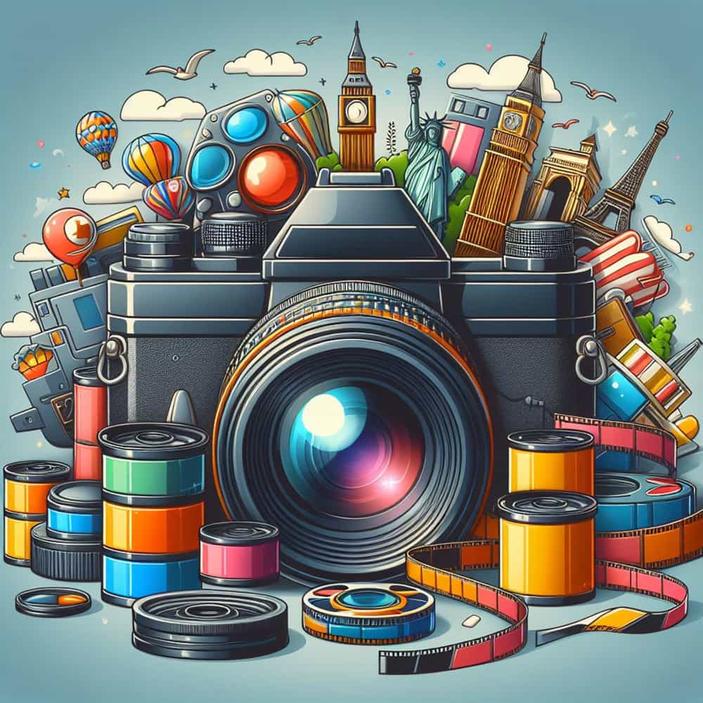 صورة لأشياء متعددة كاميرا وبرج إيفل وتمثال الحرية