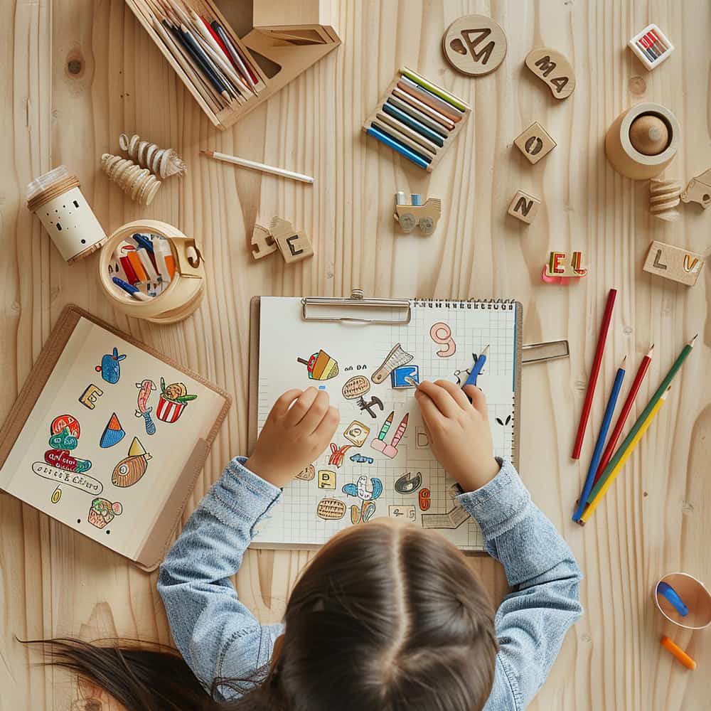 طفلة تنظر في كتاب وبجانبها أقلام ملونة