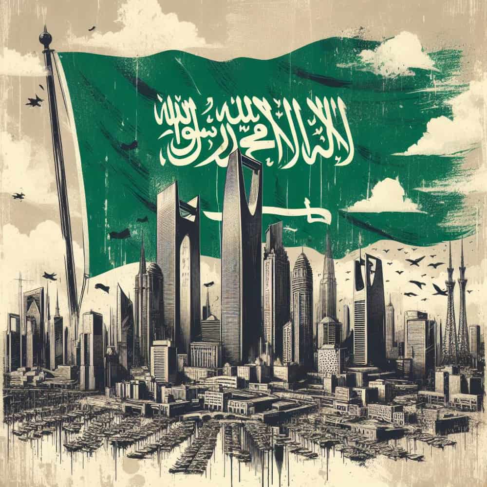 علم سعودي وسط معالم سعودية