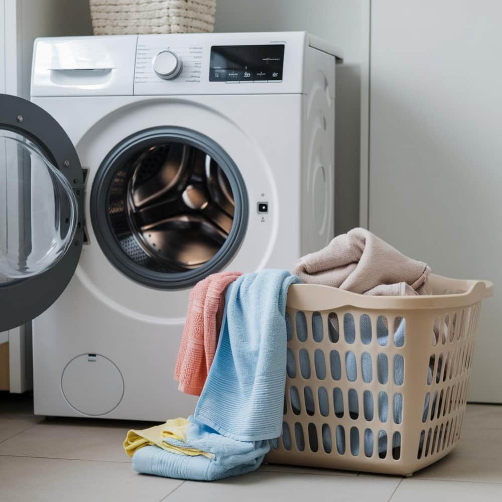 غسالة بجانبها صندوق ممتلئ بالملابس