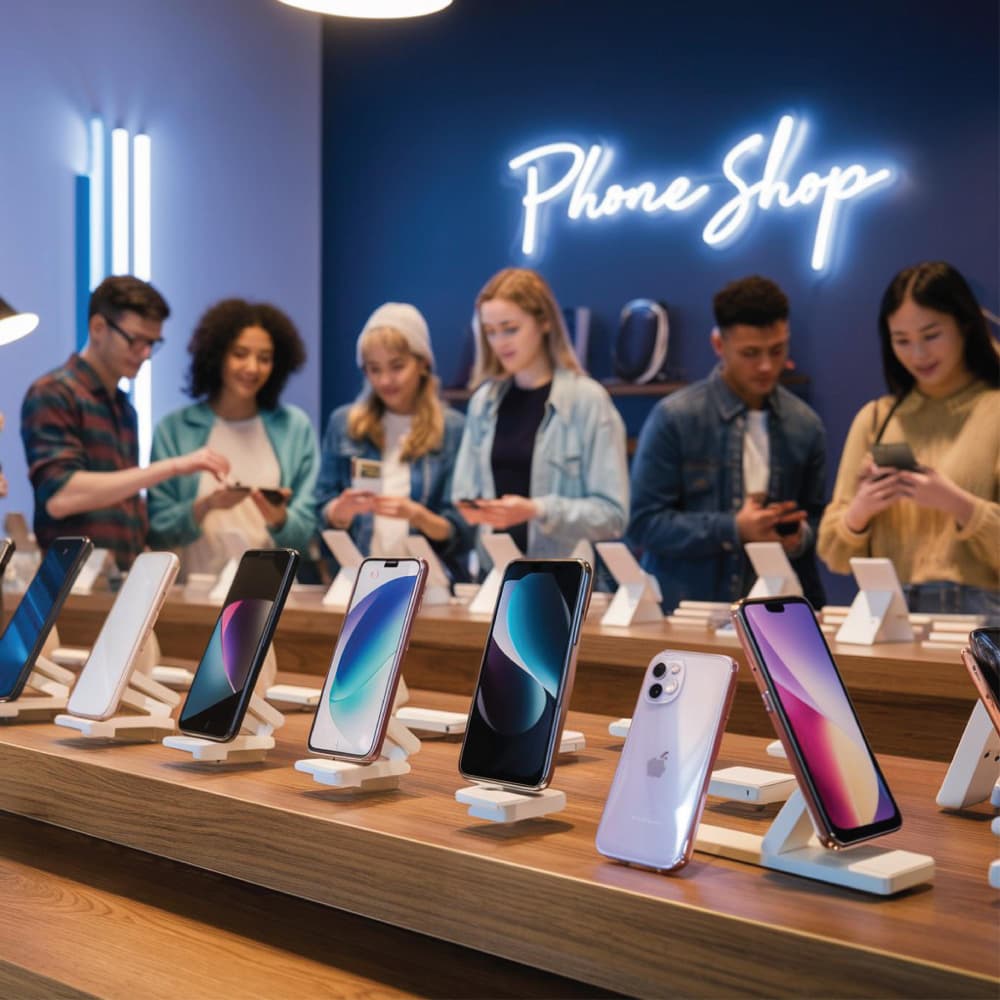 مجموعة من الناس يقفون أمام موبايلات