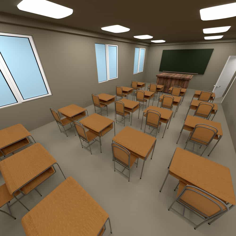 مقاعد خشبية داخل مركز تعليمي