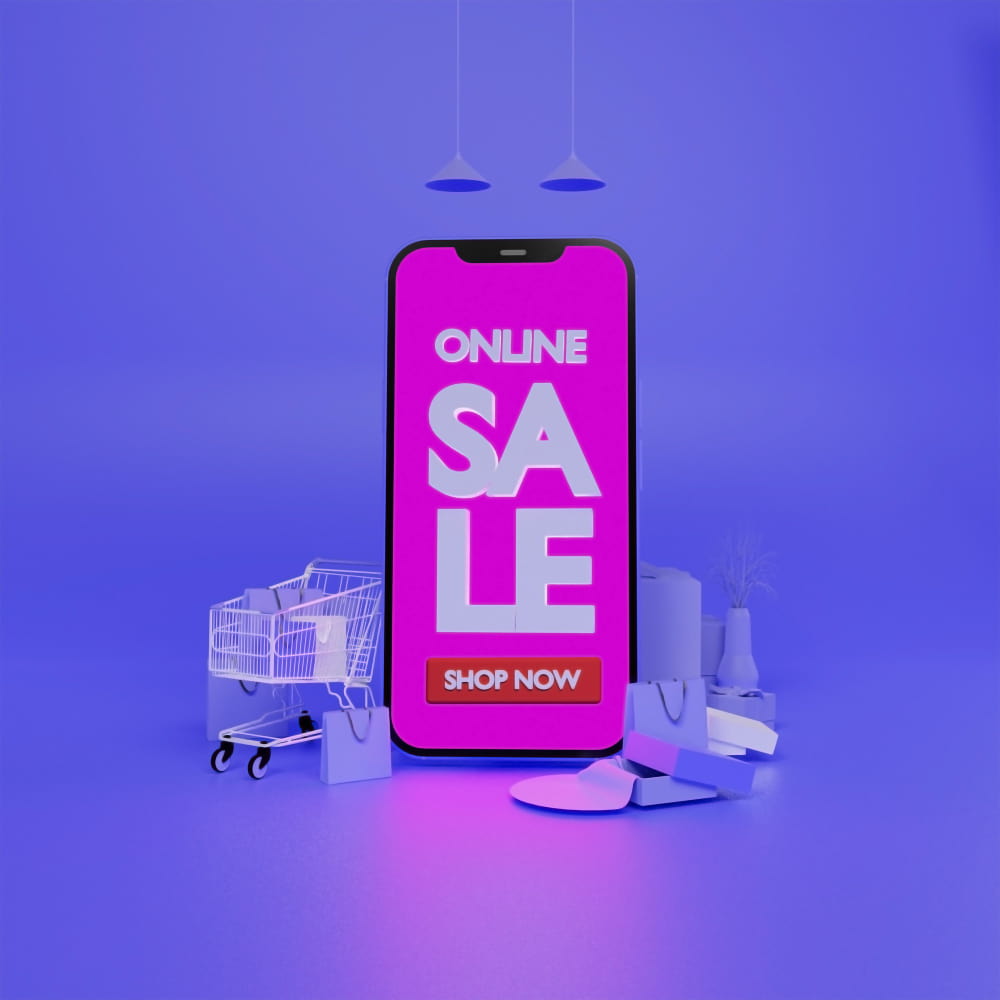 هاتف محمول بجانبه عربة تسوق ومشتريات