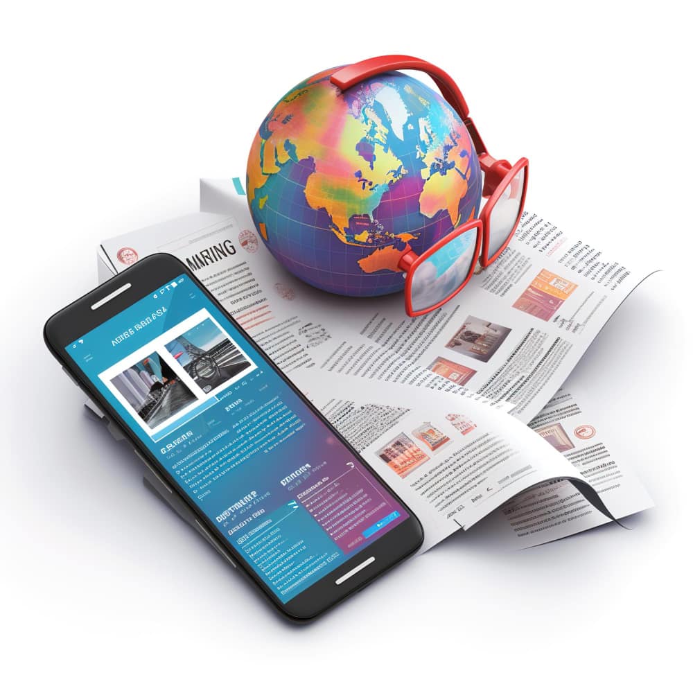 هاتف محمول وكرة أرضية وأوراق ترجمة