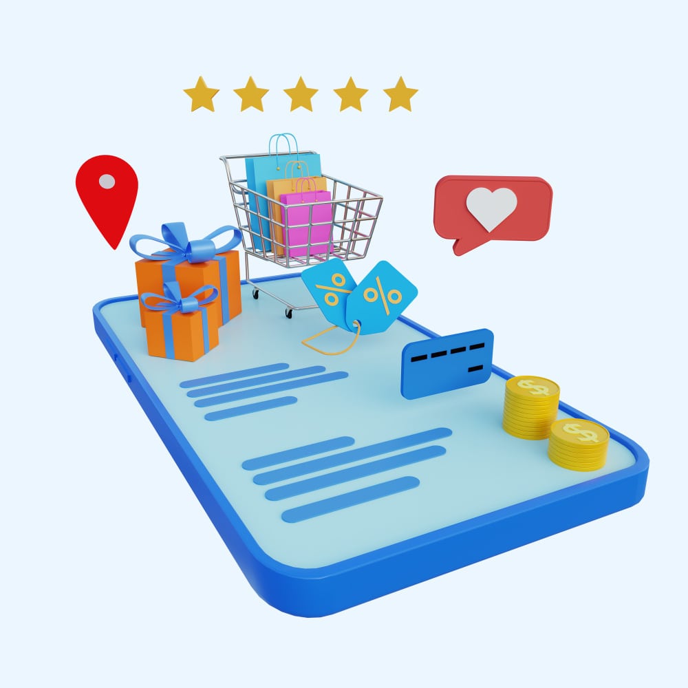 هاتف محمول يوضع عليه نقود وعربة تسوق وبطاقة ائتمان