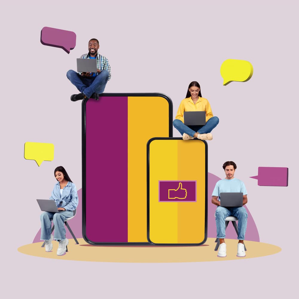 هواتف محمولة يقف بجانبها أشخاص