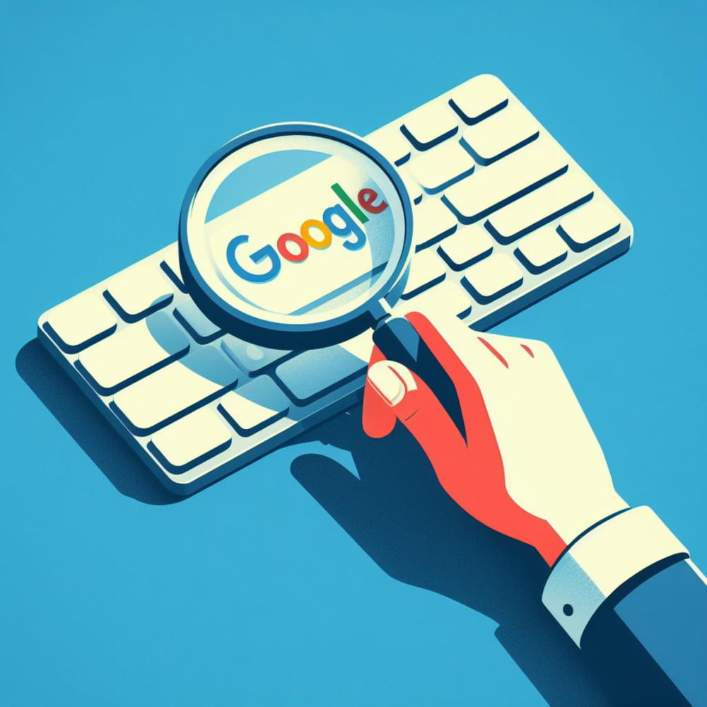 يد تحمل عدسة وتشير إلى كلمة جوجل