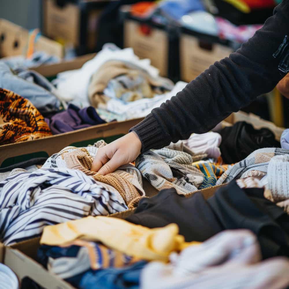 يد تمسك ملابس مستعملة