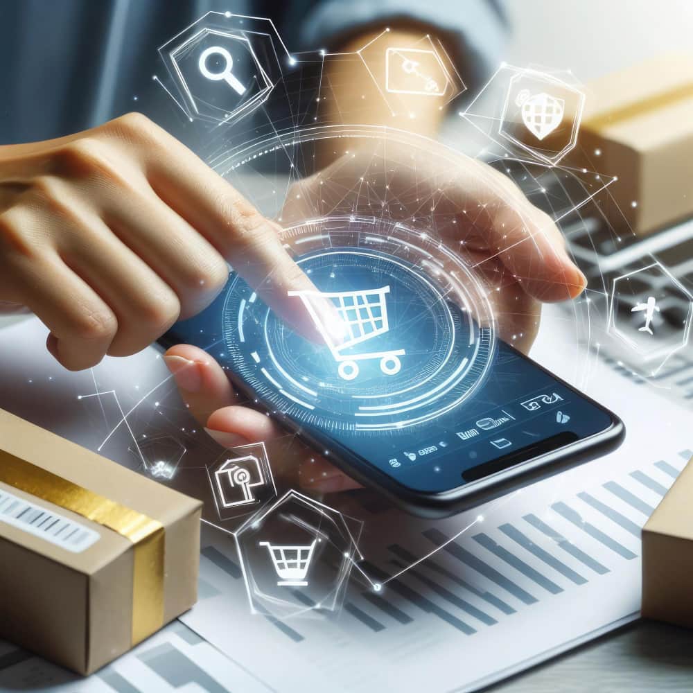 يد تمسك هاتف محمول عليه عربة تسوق