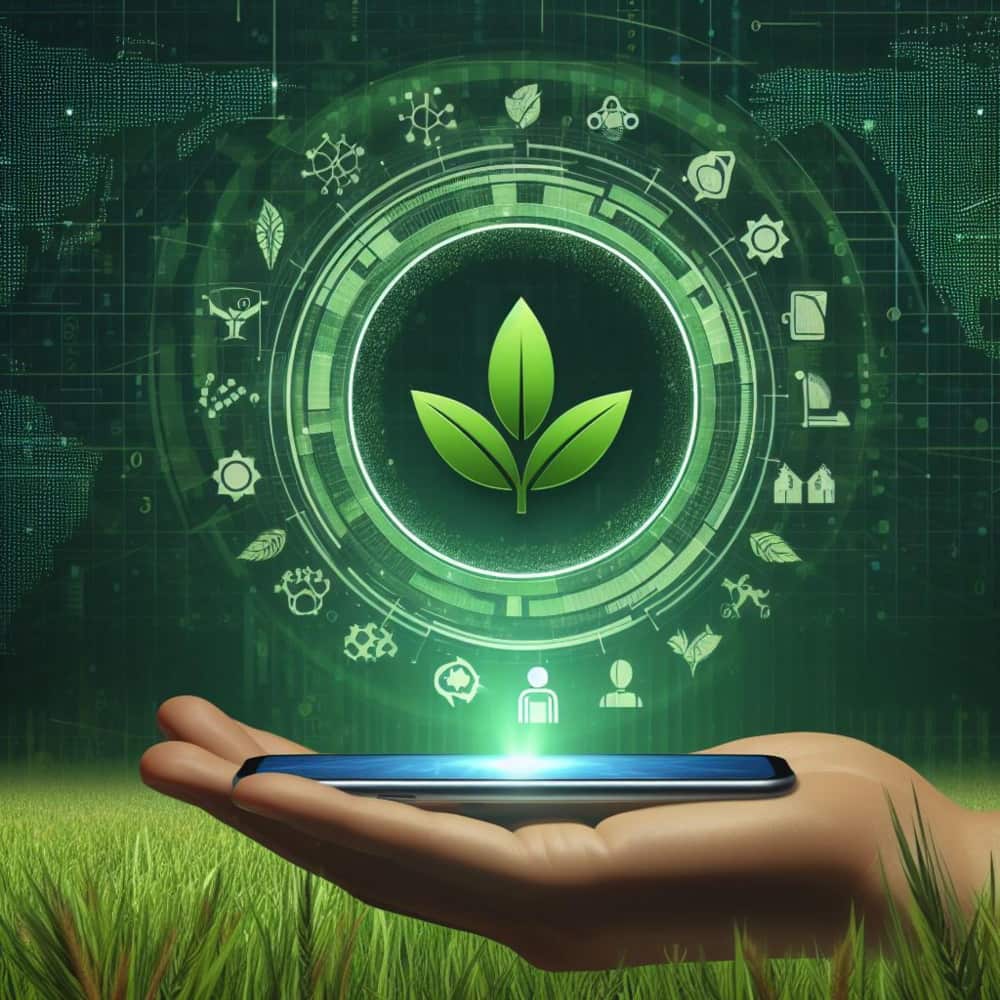 يد تمسك هاتف يخرج منه فرع شجرة