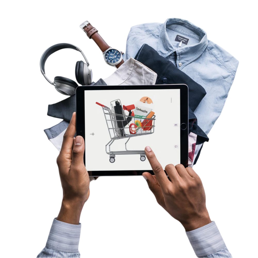 رجل يحمل تابلت يظهر عربة تسوق